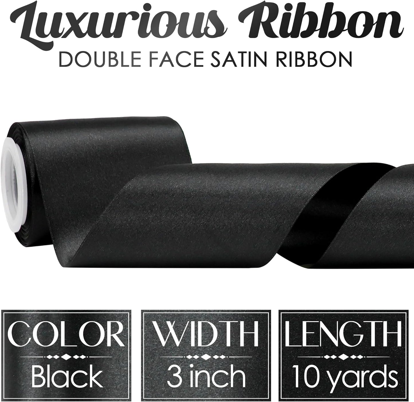 MEEDEE Black Satin Ribbon - Luxurious Double-Faced 3 Inch Wide | 10 Yards for Christmas & Halloween Decor