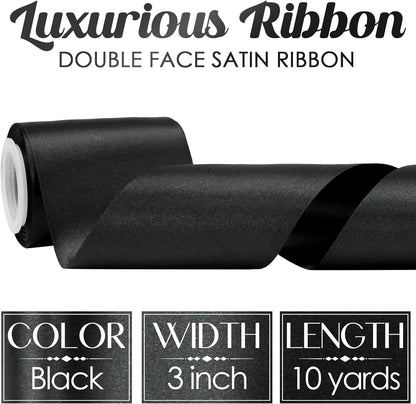 MEEDEE Black Satin Ribbon - Luxurious Double-Faced 3 Inch Wide | 10 Yards for Christmas & Halloween Decor