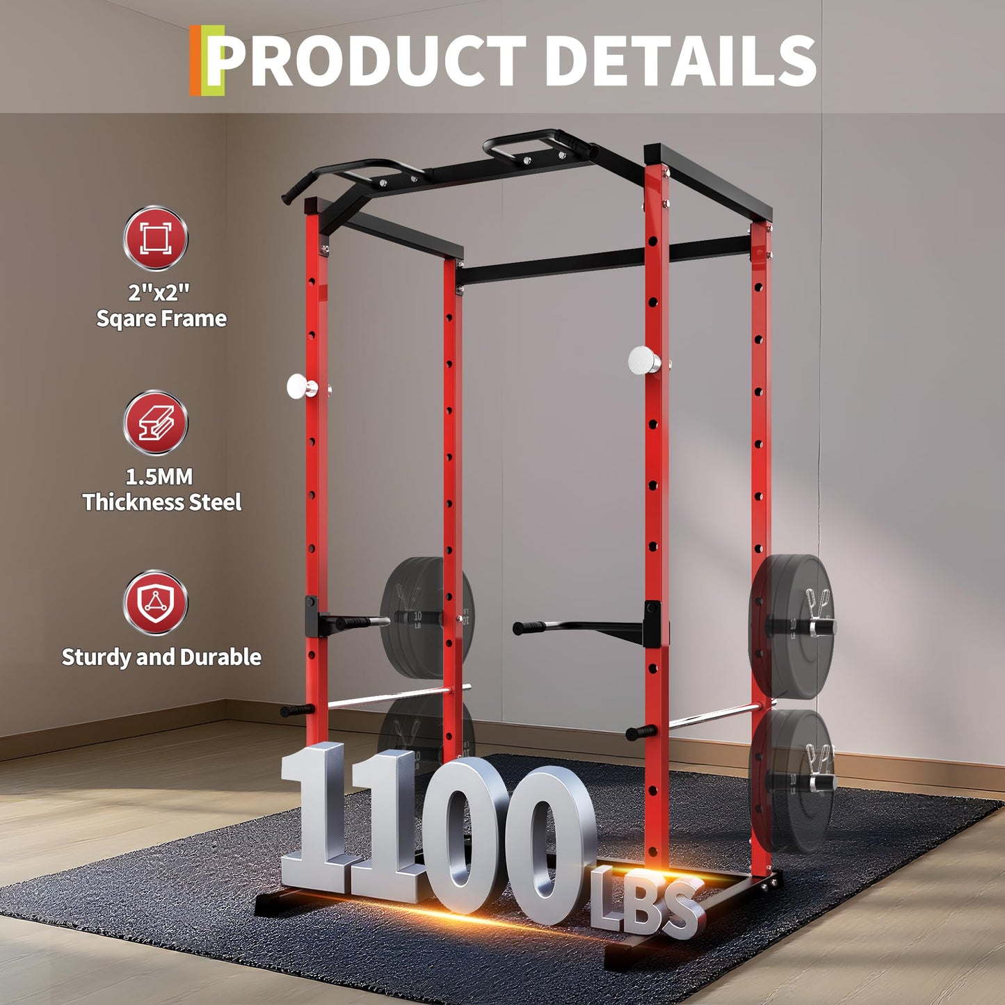 Garvee Power Cage, Squat Rack for Home Gym, 1100LB Capacity Power Rack with Pull-Up Bar, Adjustable Safety Bars, Strength Training for Home Gym, Red