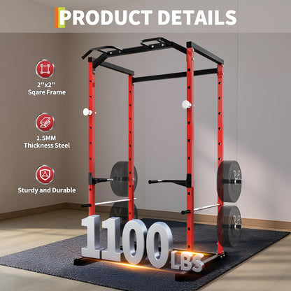 Garvee Power Cage, Squat Rack for Home Gym, 1100LB Capacity Power Rack with Pull-Up Bar, Adjustable Safety Bars, Strength Training for Home Gym, Red