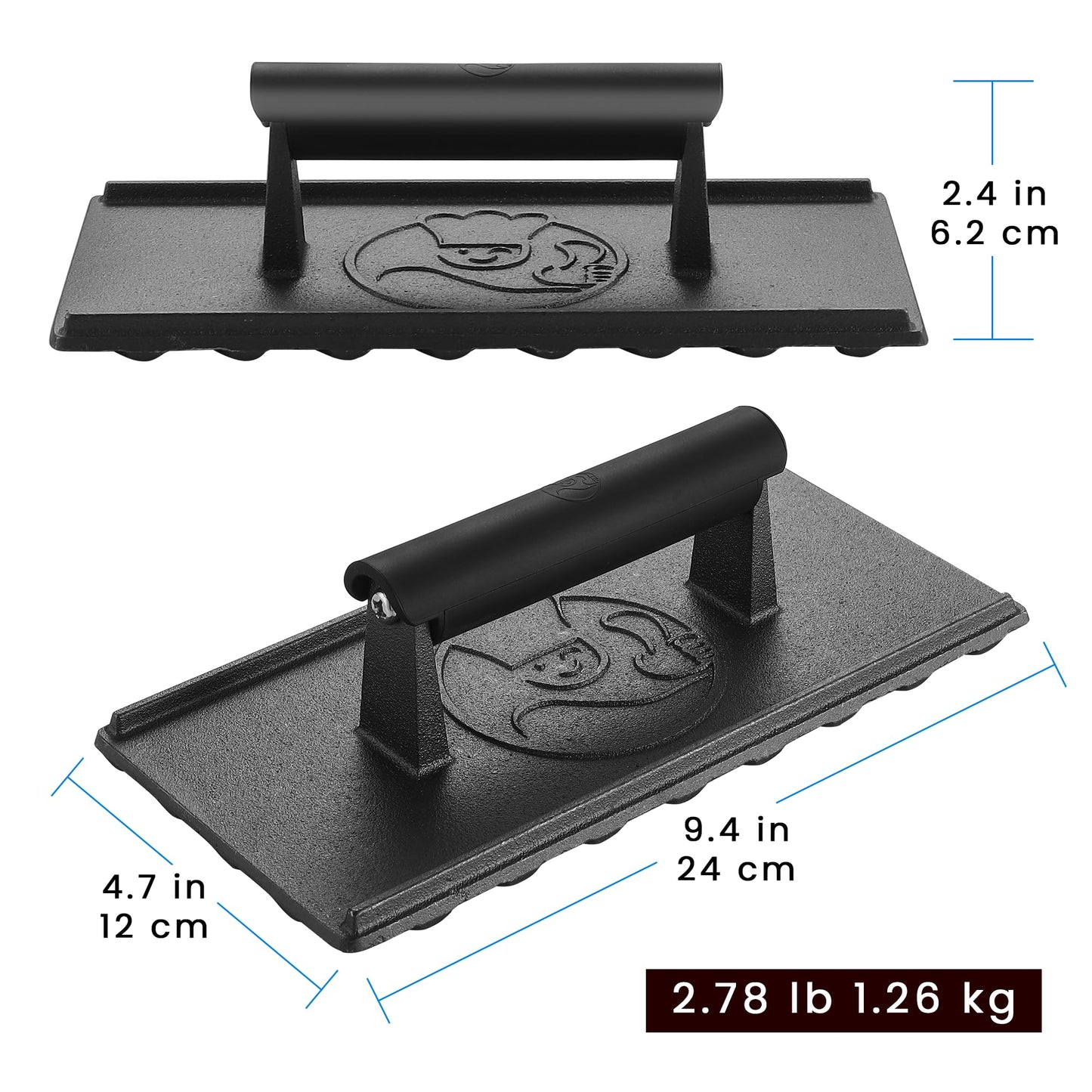 3lb Cast Iron Grill Press, Heavy Duty Smash Burger Press for Griddle Heat Resistant Handle, Burger Smasher, Hamburger Press, Grill Press for Griddle, Bacon Press Meat Press, BBQ Grill Accessories