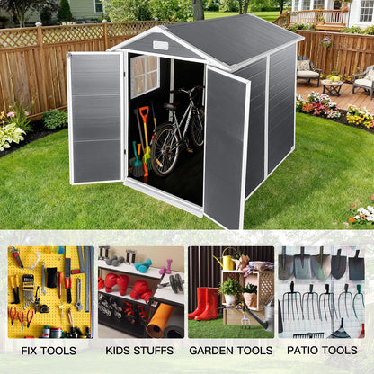 YOPTO 6x6 FT Storage Shed,Plastic Outdoor Storage Shed with Floor and Lockable Door,Waterproof Garden Shed W/Windows & Vents,Sloped Roof,Tool House for Storing Bicycles,Lawnmowers,Gray
