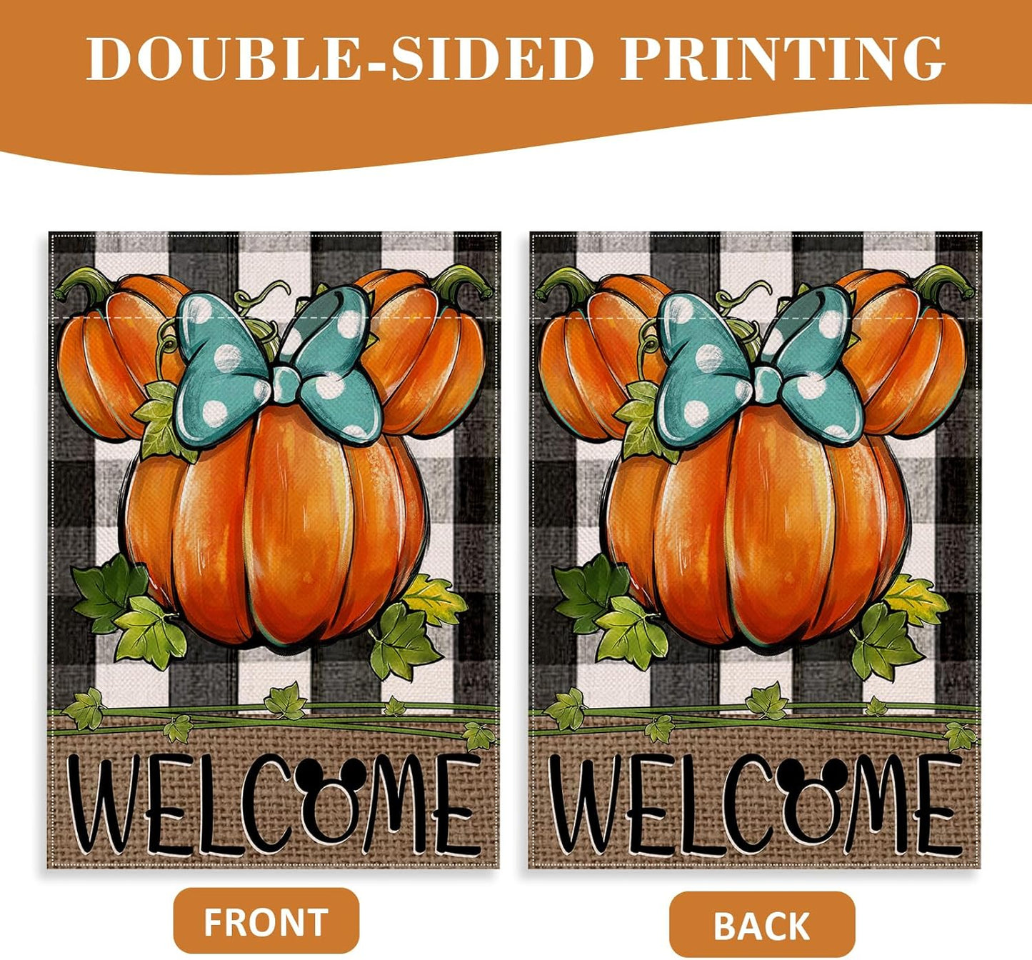 Welcome Fall Pumpkin Decorative House Flag, Autumn Thanksgiving Buffalo Plaid Check Garden Yard Decor