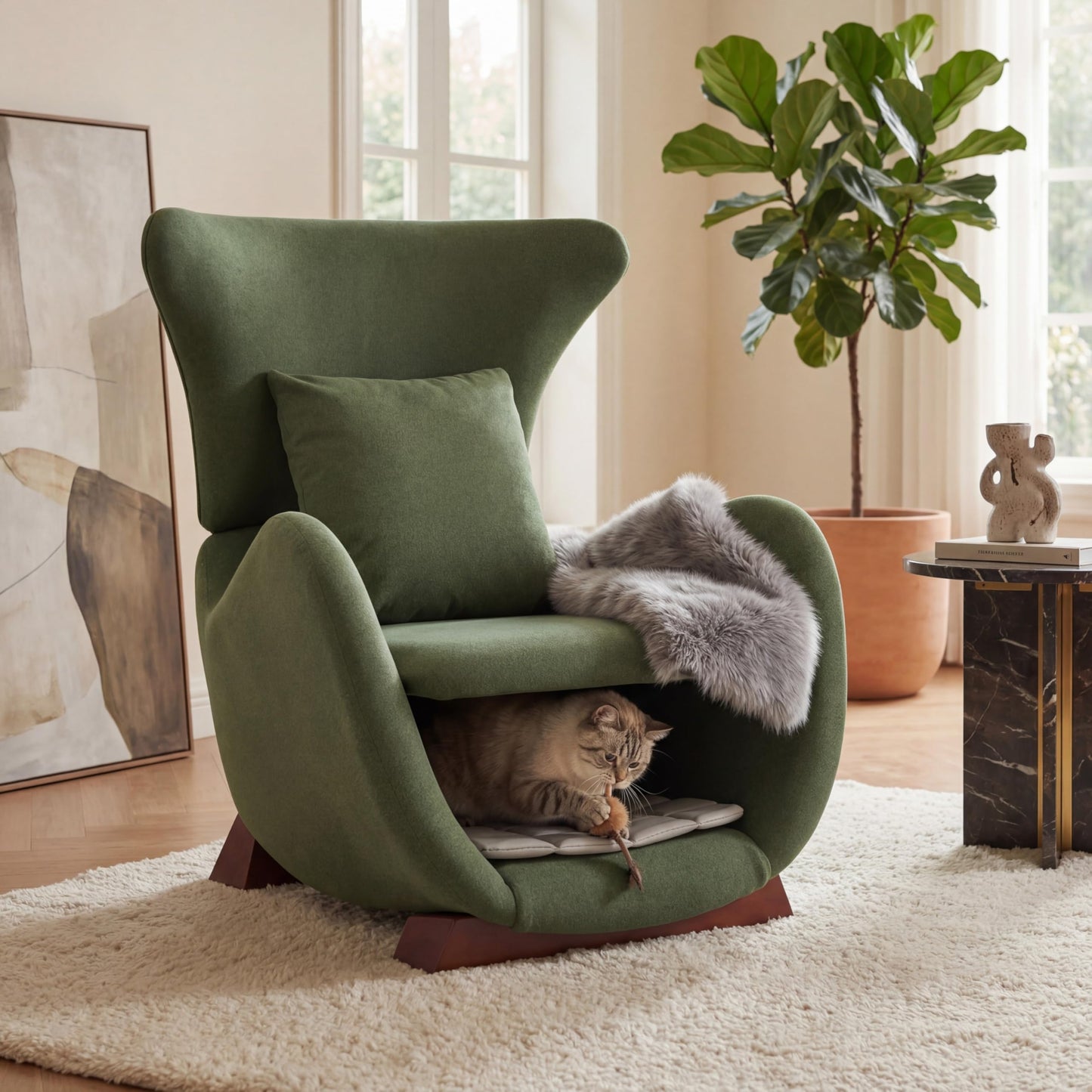 Merax Modern Accent Chair with Pet Cave & Storage, Dual-Layer Design Living Room Lounge Chair with Plush Polyester Fabric, Stylish Reading Chair for Cozy Nook, Home Office & Bedroom, Green