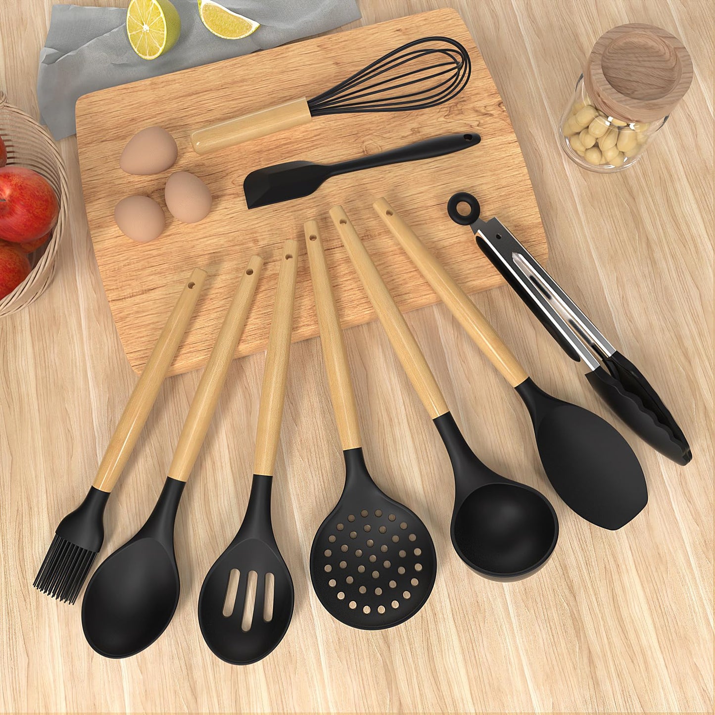 Silicone Cooking Utensils Kitchen Utensil Set - 446°F Heat Resistant Silicone Kitchen Utensils Set, Spatula,Turner Tongs, Spoon, Brush, Whisk,Kitchen Gadgets for Nonstick Cookware, BPA Free (Gray)