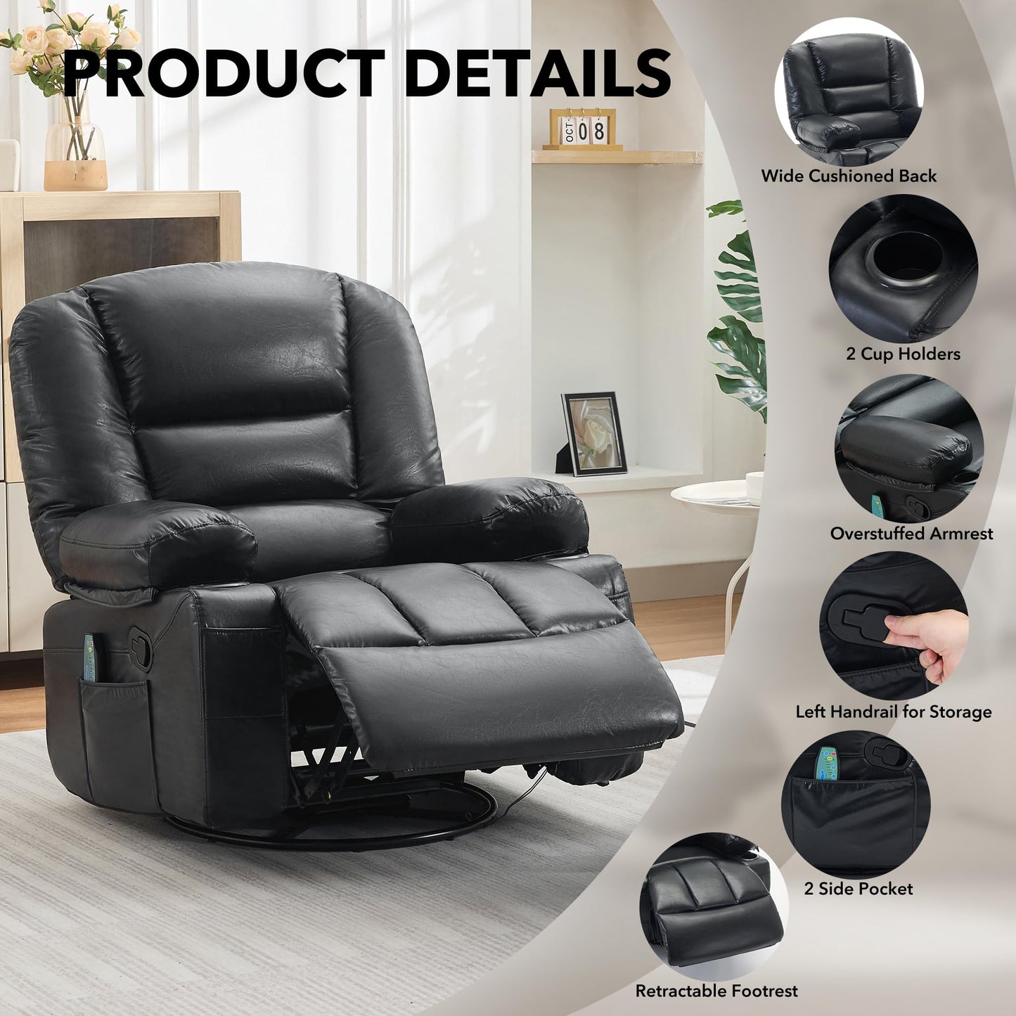 Rocker Recliner Chair with Heat and Massage,Nursery Recliner 360° Swivel Oversized Chairs for Adults,Chenille Lazy Boy Single Sofa Seat with 3 Positions,Side Pockets,Cup Holders for Living Room Black