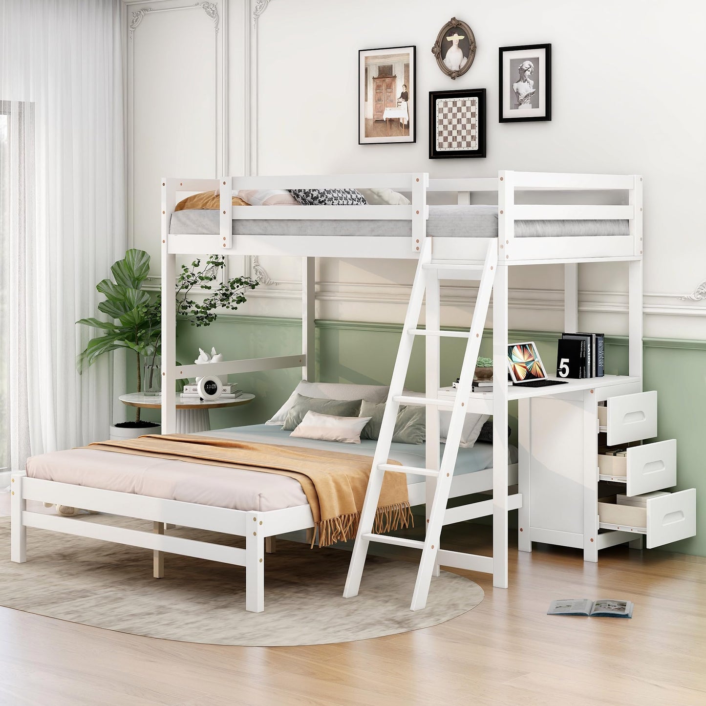 YOPTO Twin Over Full Bunk Bed with Built-in Desk and Three Drawers,Pine Wood Convertible Twin Over Full L-Shaped Loft Bunk Bed Frame for Kids Teens Adults,White