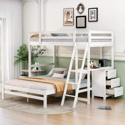 YOPTO Twin Over Full Bunk Bed with Built-in Desk and Three Drawers,Pine Wood Convertible Twin Over Full L-Shaped Loft Bunk Bed Frame for Kids Teens Adults,White