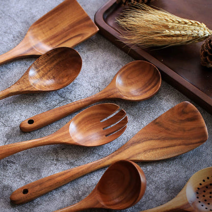 Wooden Non-Stick Kitchen Pan Toolset 7 Pieces Set, Natural Kitchen Utensils Spatula, Wooden Cooking Utensils Spoons, Fried Spatula and Salad Fork