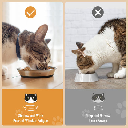 Wellbro Cat Bowls, 2 Pcs Stainless Steel Cat Bowls for Food and Water, Whisker Fatigue Shallow Non-Slip Dishes Plates for Small Dog Puppies Cats