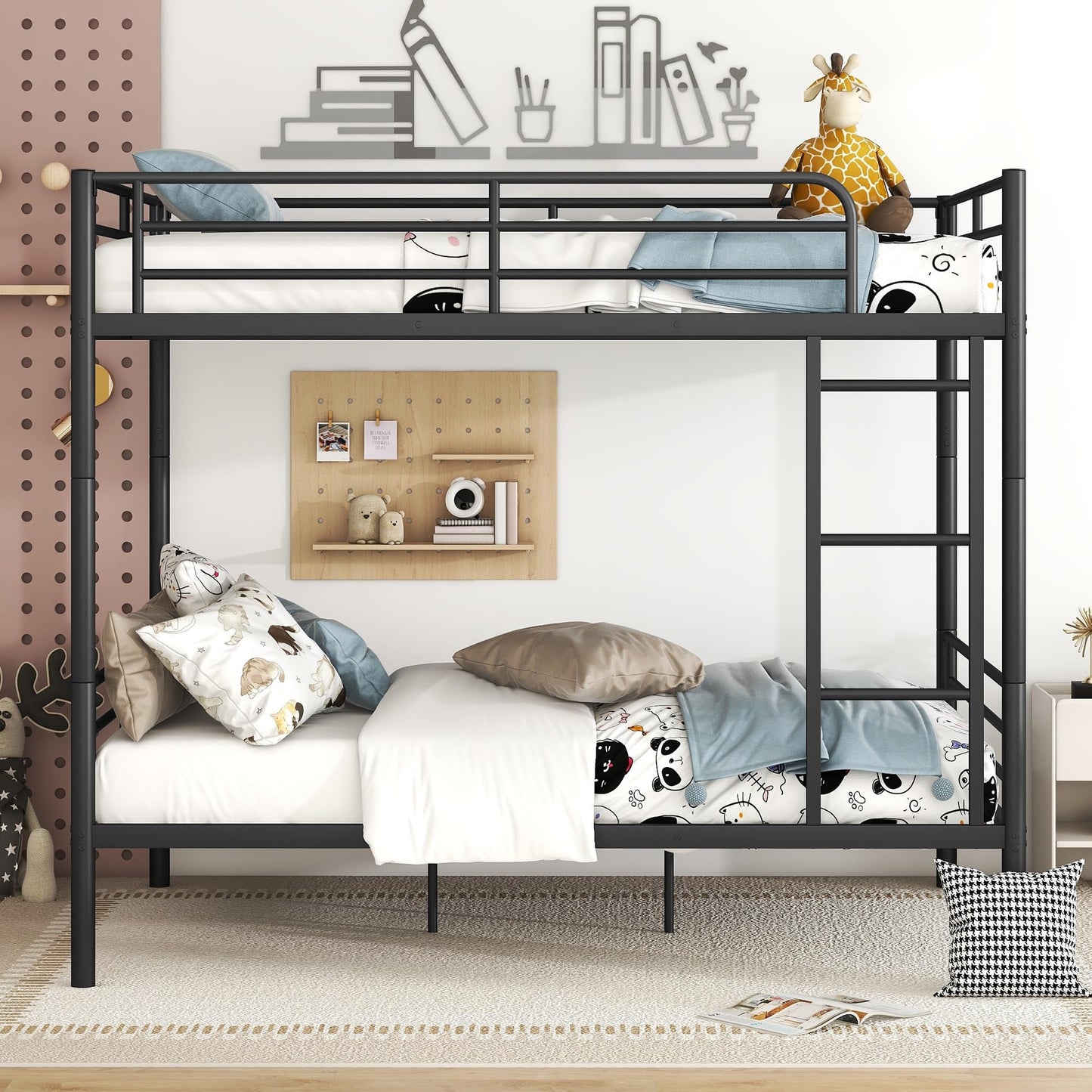 Merax Full Over Full Bunk Bed with Ladder and Guardrails, Black Modern Heavy Metal Bunk Bed Frame for Boys Girls Teens