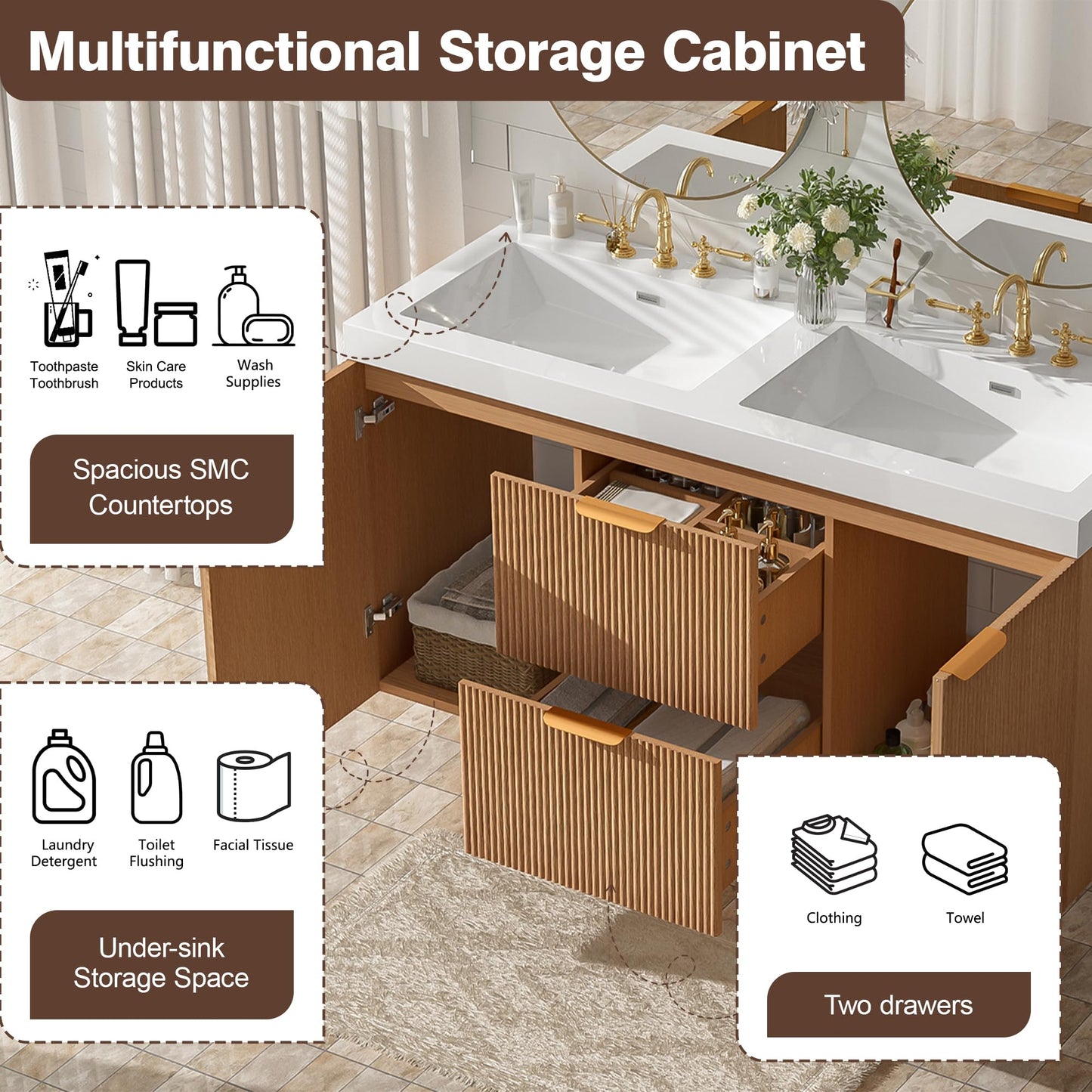 Merax 47.24" Wall-Mounted Double Sink Bathroom Vanity with SMC Countertop, Modern Two Integrated Sinks, Soft-Close Doors & Divided Drawers, Wood Grain Melamine Finish for Shared Bathroom