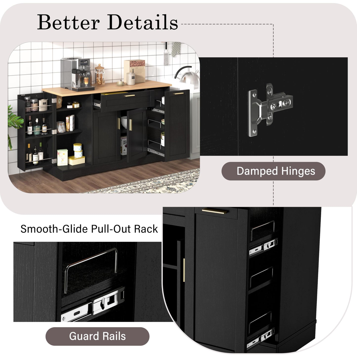 GDFStudio Buffet Cabinet with 3-Tier Pull-Out Rack, Adjustable Shelves, Multi-Functional Storage Cabinet Sideboard Coffee Bar Cabinet, Kitchen Island Storage for Dining Room Living Room, Black