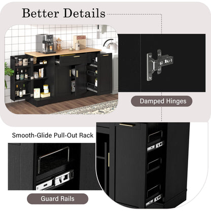 GDFStudio Buffet Cabinet with 3-Tier Pull-Out Rack, Adjustable Shelves, Multi-Functional Storage Cabinet Sideboard Coffee Bar Cabinet, Kitchen Island Storage for Dining Room Living Room, Black