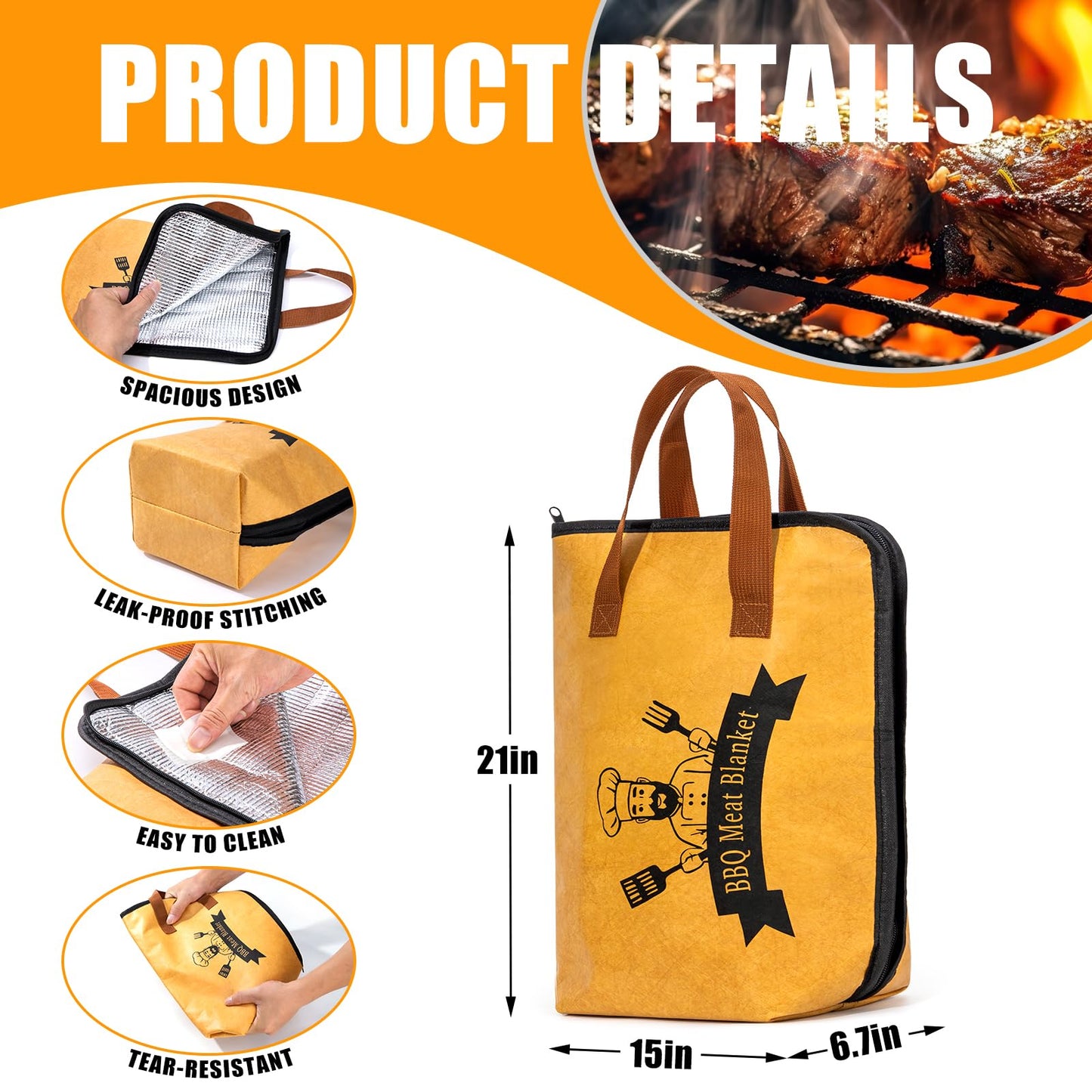 4PCS BBQ Blanket for Resting Meat, Grill Blanket with BBQ Tool Set, 21IN Reusable Smoker Meat Resting Blanket with Wide Mouth for Large Brisket Turkey, Ribs, Steak, Pork Shoulders
