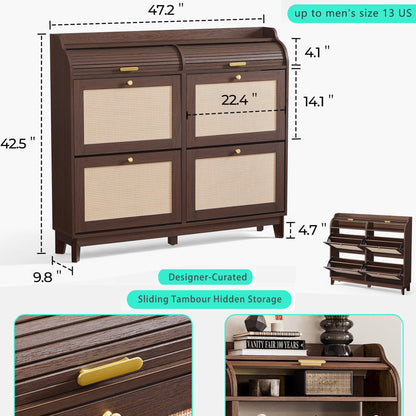 LINSY Shoe Storage Cabinet, Rattan Shoe Cabinet Flip Drawer Shoes Rack Cabinet with Sliding Tambour Door, Large Shoe Cabinets Mid Century Modern Hidden Shoe Storage Organizer for Entryway, Walnut