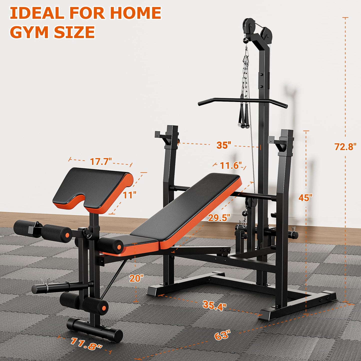 9-in-1 Adjustable Olympic Weight Bench with Lat Pulldown, Row, Squat Rack & Leg Curl – Multi-Function Strength Training Bench Press for Home Gym Full Body Workout (9 in1 Olympic Weight Bench)