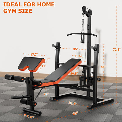 9-in-1 Adjustable Olympic Weight Bench with Lat Pulldown, Row, Squat Rack & Leg Curl – Multi-Function Strength Training Bench Press for Home Gym Full Body Workout (9 in1 Olympic Weight Bench)