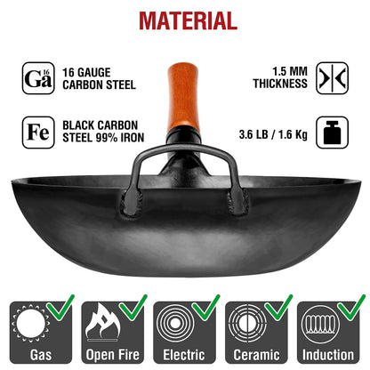 YOSUKATA 13.5" Carbon Steel Wok Pan + Premium Wok Cover 13.2" for Wok 13.5" + Stainless Steel Cutting Board 14.6x10 Inch
