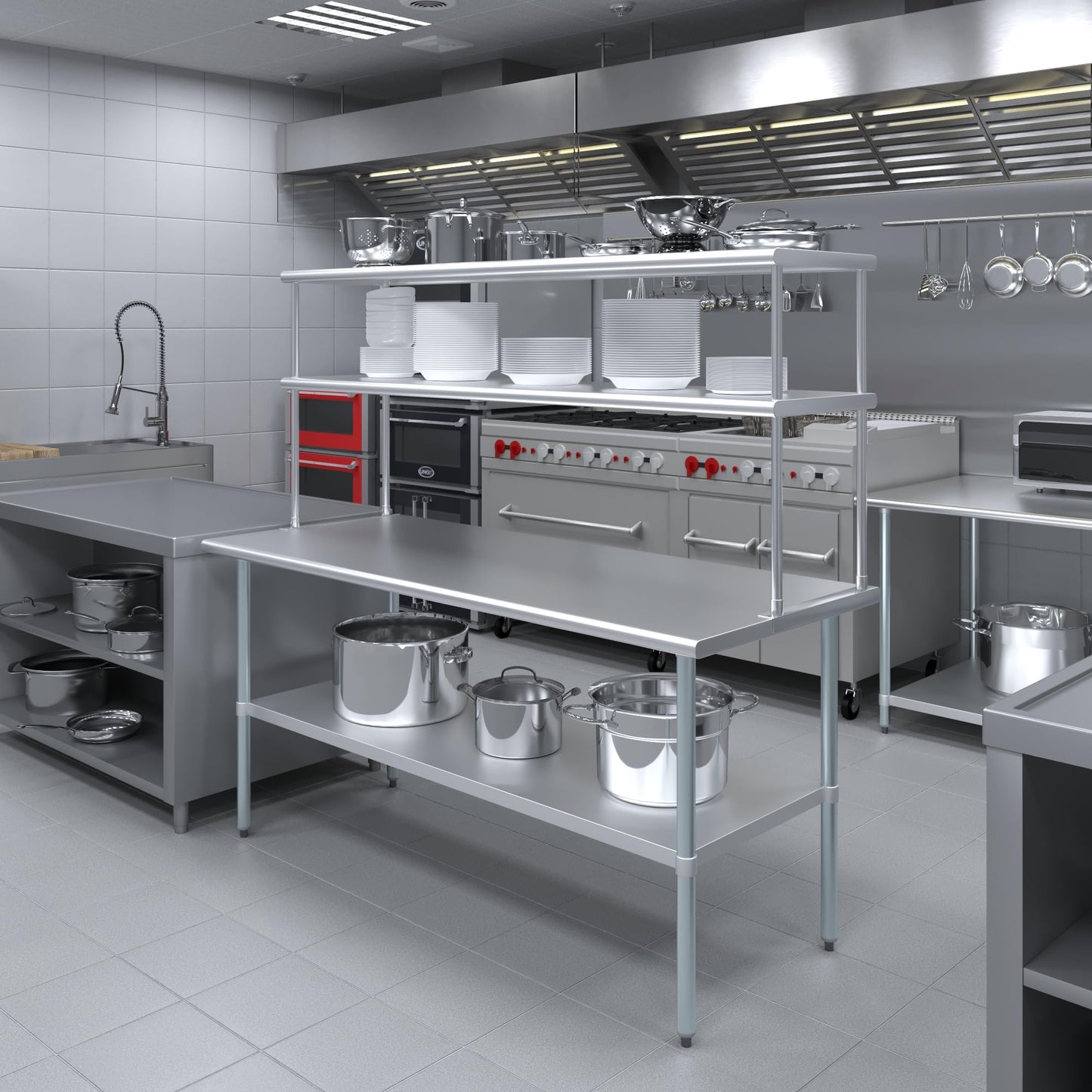48" x 30" Commercial Stainless Steel Prep Table with 12" x 48" Double Overshelf | NSF Certified Workstation for Kitchen, Bakery, or Utility Use