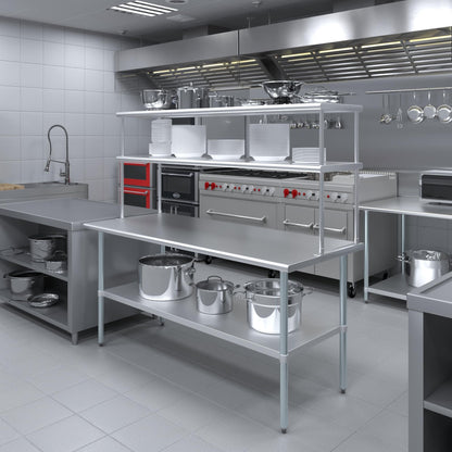 48" x 30" Commercial Stainless Steel Prep Table with 12" x 48" Double Overshelf | NSF Certified Workstation for Kitchen, Bakery, or Utility Use
