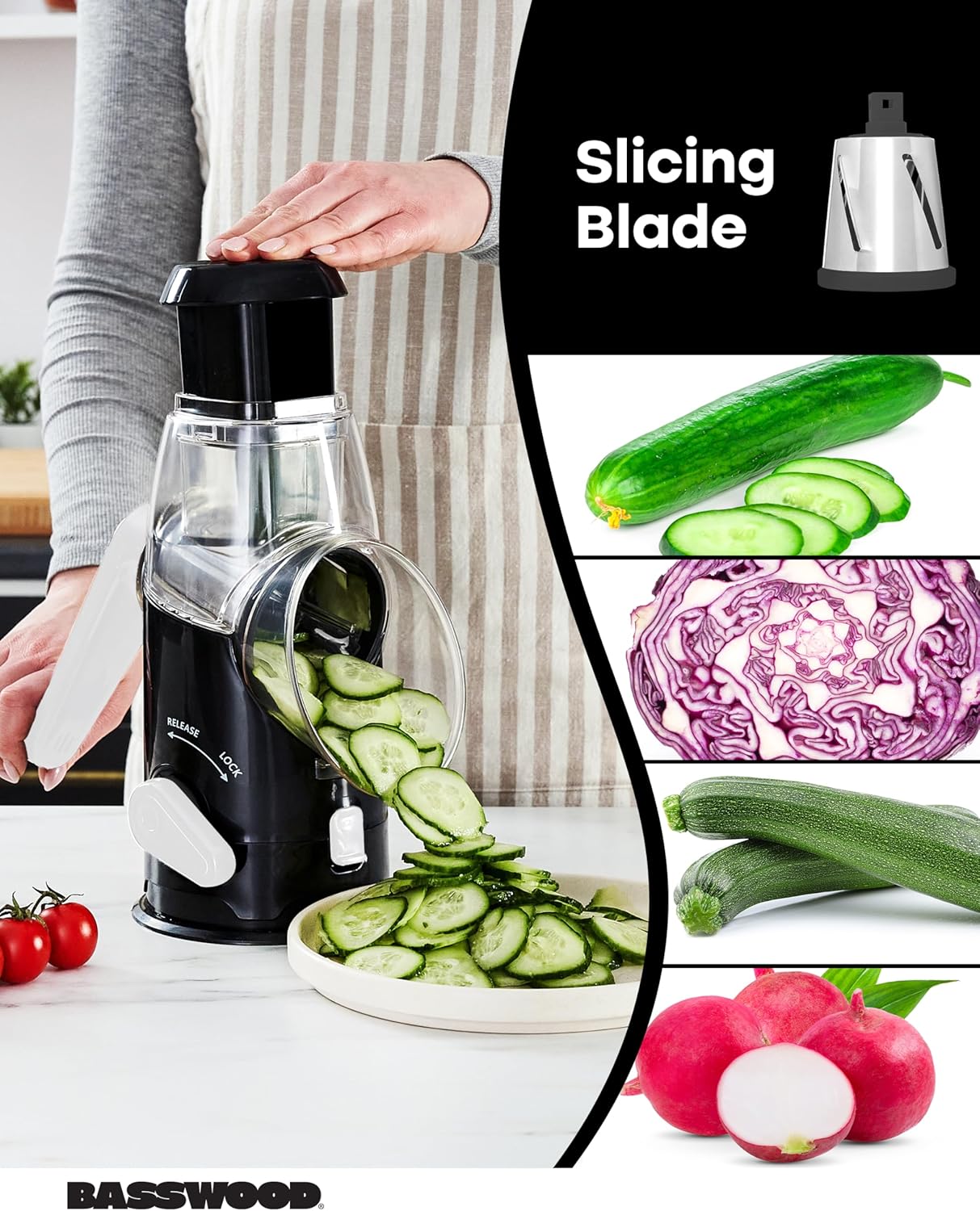 BASSWOOD Rotary Cheese Grater with Handle - Mandoline Slicer and 3 Stainless Steel Drum Blades (Black)