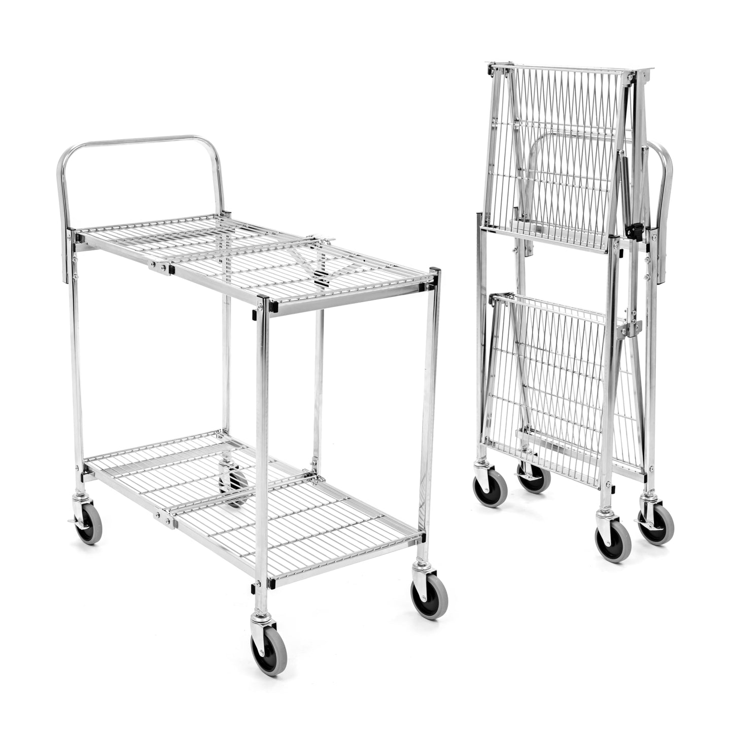 Stand Steady Original Tubstr Collapsible 2 Shelf Wire Cart, Easy to Push Heavy Duty Rolling Utility Cart, Folds Up for Storage, Commercial Grade (Chrome, 33.56” D x 18” W x 37.16” H)