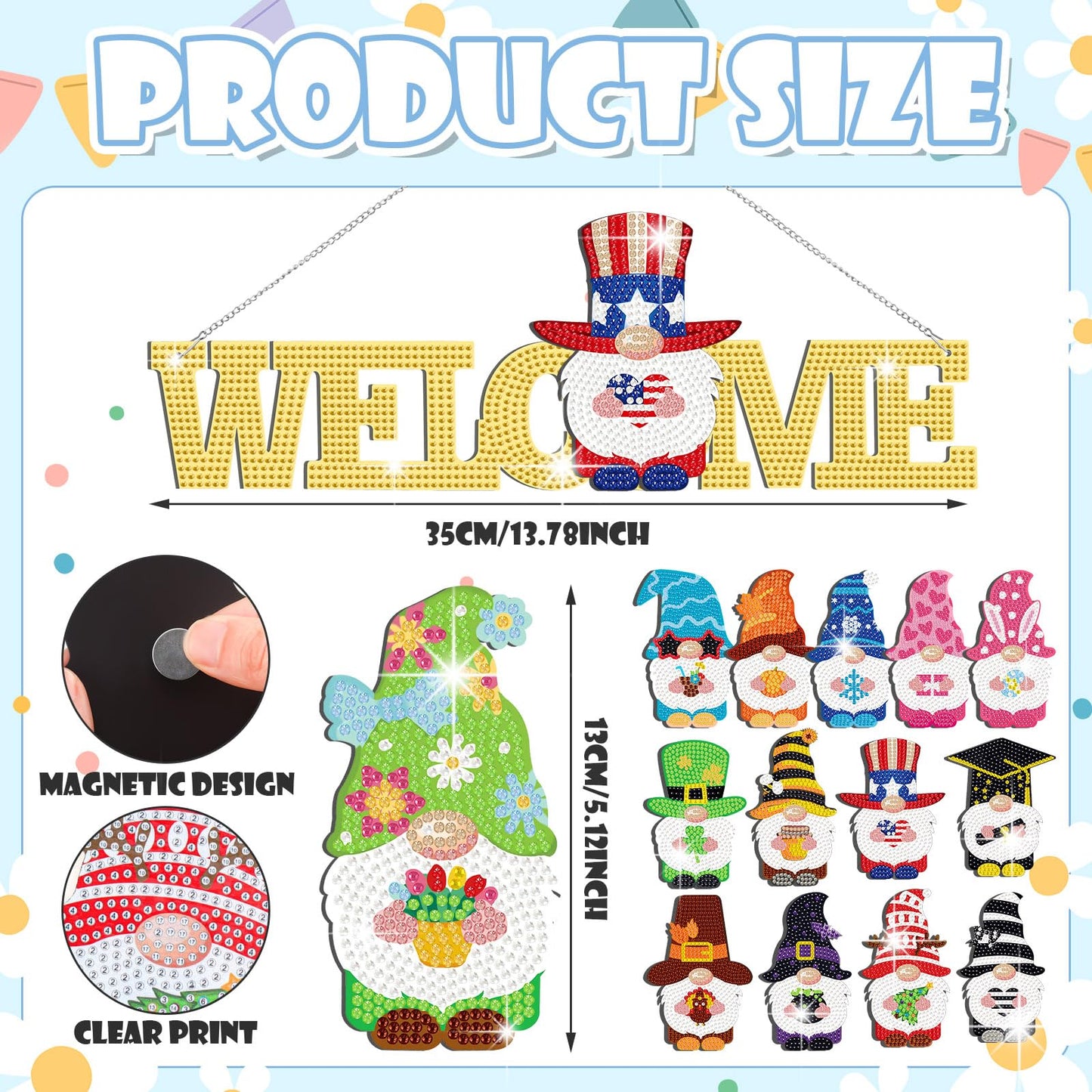 Yousoontic 15 Pcs Magnetic Diamond Art for Adults Interchangeable Gnome Seasonal Welcome Sign Gnome Door Hanger with Detachable Hat Hand DIY Rhinestone Painting Gift for Home Decoration