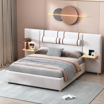 Ball & Cast Queen Upholstered Platform Bed with Oversized Soft Headboard,Wood Bedframe W/Integrated Storage Shelves,Power Outlet & USB Port on Both Sides,for Bedroom Guest Room Apartment,Beige Velvet