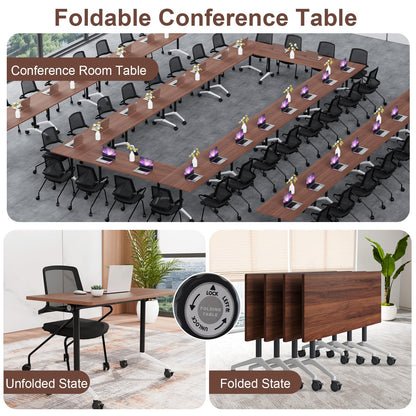 robwibw 63INCH Folding Conference Table On Wheels, 6 Pack Modular Walnut Rolling Conference Room Tables for 8-16 Person Training Table for Office Classroom(6, Walnut, 63 INCH)