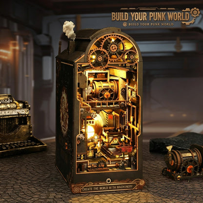 DGRENA Book Nook DIY Miniature House Kit, Steampunk Industrial 3D Wooden Puzzle Bookend with Touch LED Lights, Rotating Gears Mechanical Bookshelf Insert Decor Crafts for Adults Teens Gift