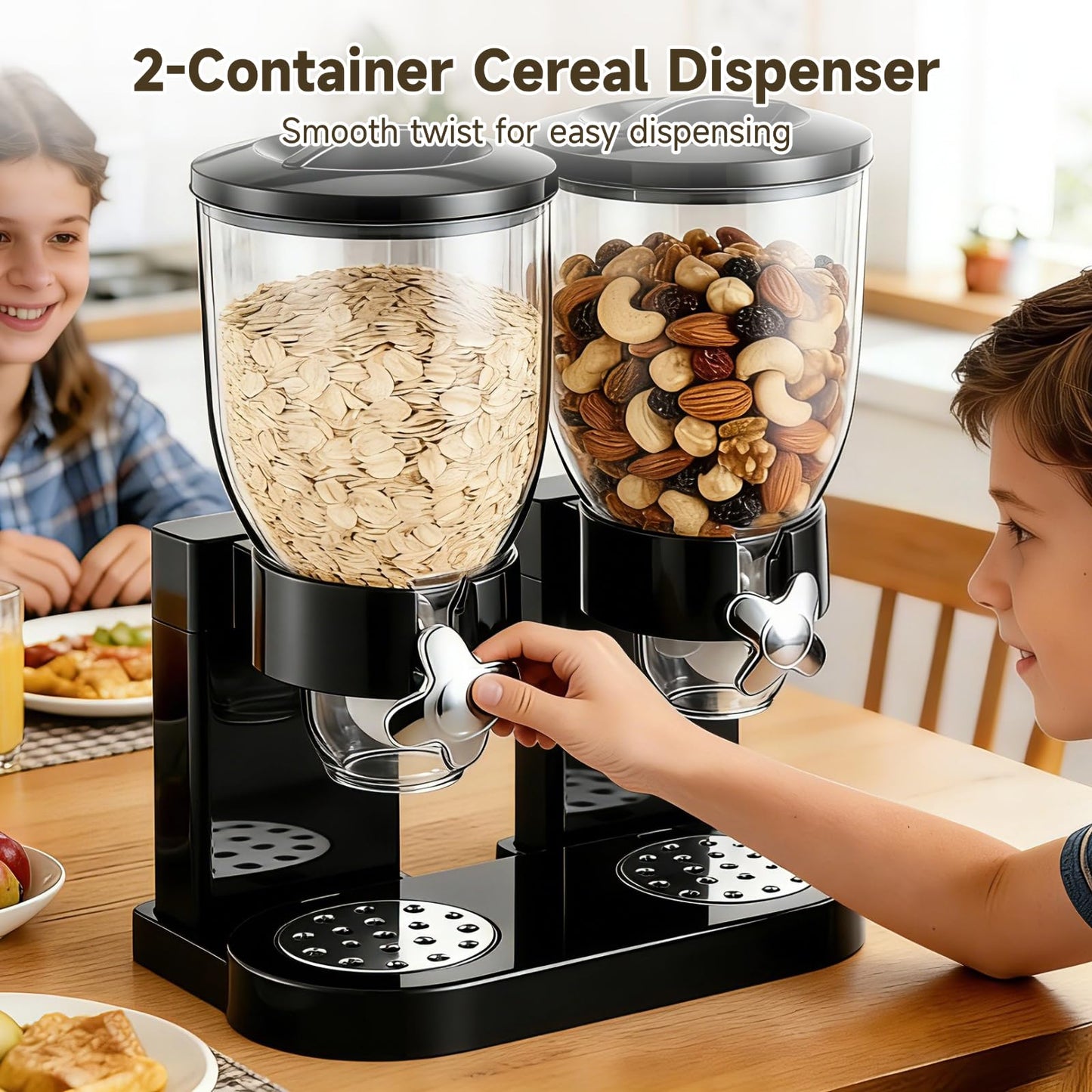 Dual-Control Dry Food Dispenser, 2 Pack 2L/67oz Cereal Dispenser Countertop, Cereal Containers Storage Airtight, Rotating Black Plastic Dry Food Dispenser, Candy Dispenser for Cereal, Coffee Beans
