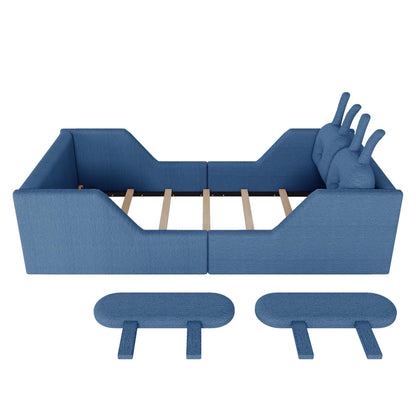 KEIKI Twin Size Upholstered Platform Bed, Kids Floor Bed Frame with Rabbit Shaped Cushion, Cute Bed Frames Twin for Boys Girls, Safety Rails & Wooden Slat, No Box Spring Required, Easy Assembly, Blue