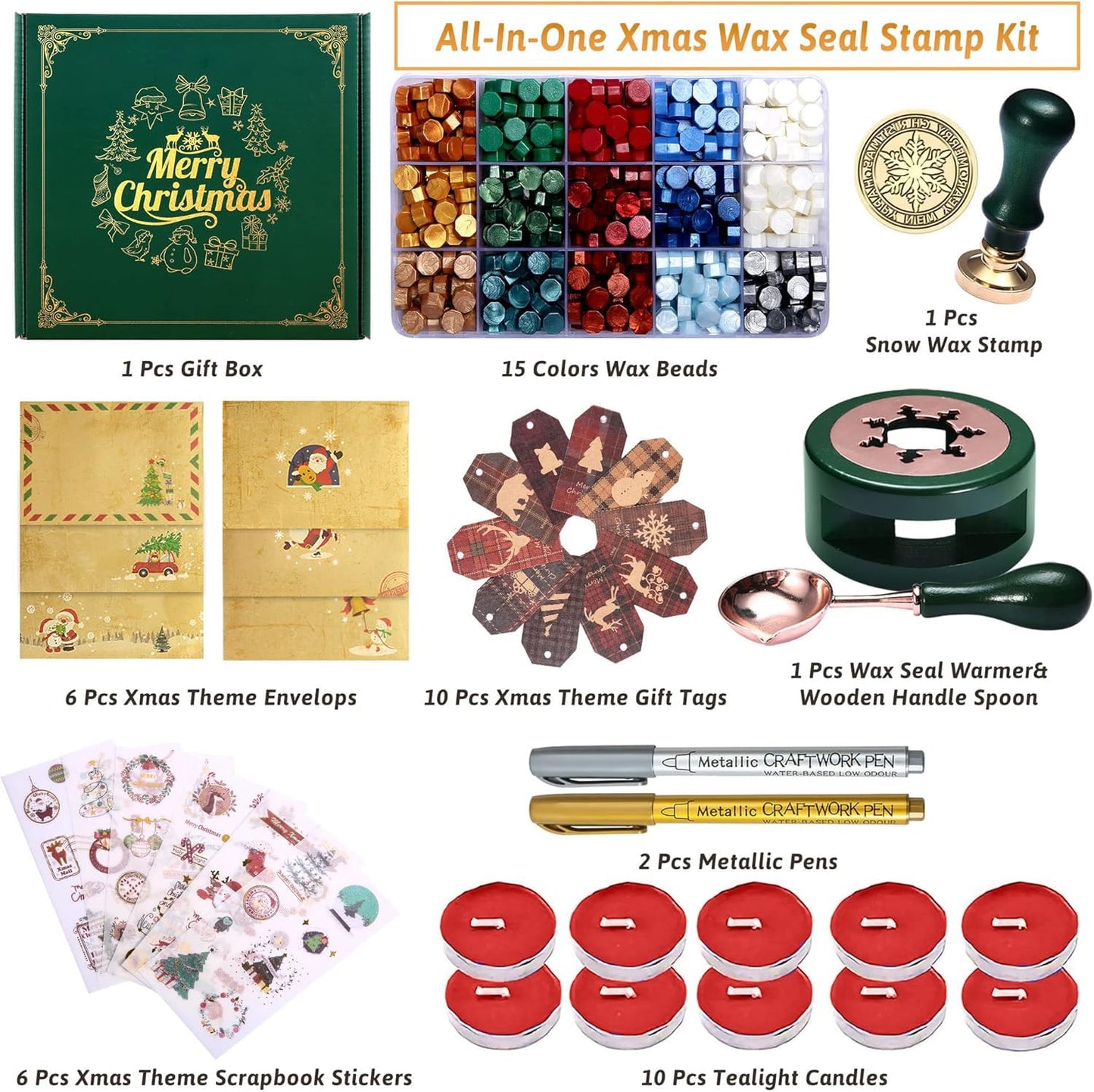Comealltime Christmas Wax Seal Kit with Snow Sealing Stamp, 25 Colors Sealing Beads Beginner's Set with Warmer, Xmas Washi Stickers, Envelope, Candle, Wax Seal Stamp Kit for Gift and Craft