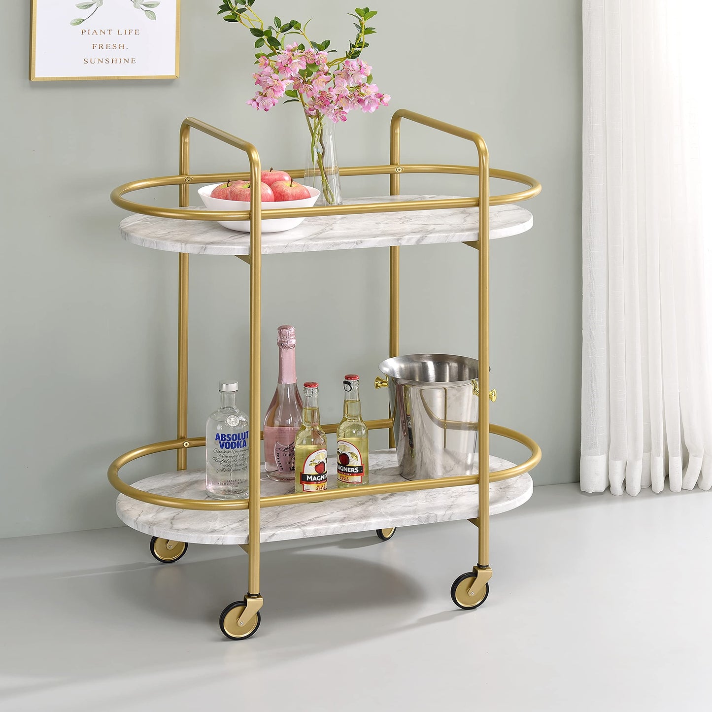 HOMES: Inside + Out Wuest Modern 2 Tier Metal 33 in. Mobile Serving Cart with Casters for Dining Room, Home Bar, Gold Coating and White
