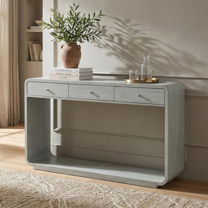 Christopher Knight Home Hiro Narrow Console Table with Storage, Wood Entryway Table with 3 Drawers and 1 Bottom Shelf, Long Entryway Table with Storage, Display Table with Curved Design, Sage Green