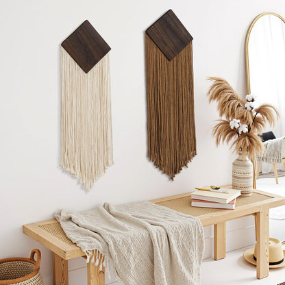 KHOYIME Macrame Wall Hanging Boho Chic Home Decor, 2PCS Bohemian Brown Beige Vertical Tassel Yarn Tapestry Modern Farmhouse Wall Art Decorations for Living Room Bedroom Nursery Office 11''W x 36''L