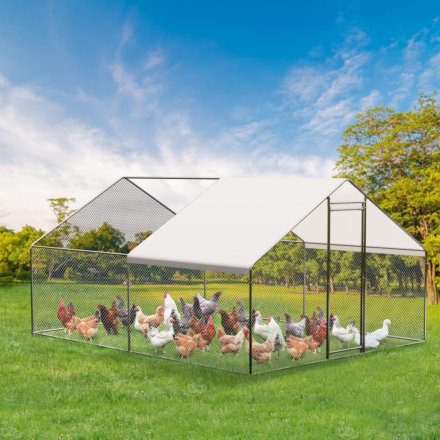 Large Chicken Coop with Cover, Large Metal Chicken Coop,Metal Chicken Run & Spire Roof Outdoor Enclosure with Lock,for Backyard, Farm, Housing Chickens, Ducks, Rabbits