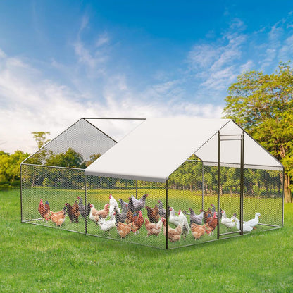 Large Chicken Coop with Cover, Large Metal Chicken Coop,Metal Chicken Run & Spire Roof Outdoor Enclosure with Lock,for Backyard, Farm, Housing Chickens, Ducks, Rabbits