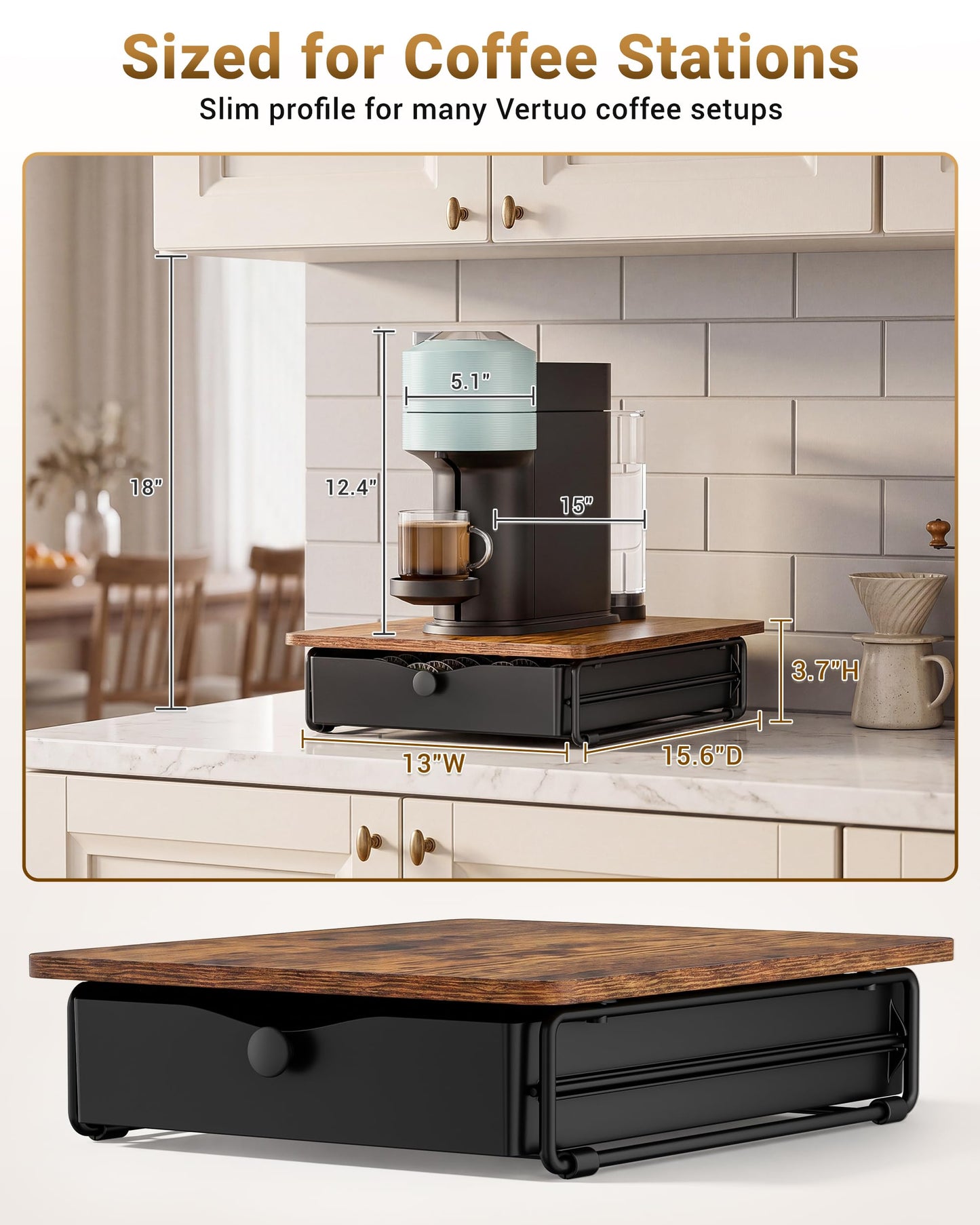 EVERIE Coffee Pod Holder Drawer, Compatible with Nespresso Vertuo Capsules, Holds 40 Large or 52 Small Pods, Flexible Slots for 4 Capsule Sizes, Rustic Brown Countertop Organizer, 15.6" Dx13 Wx3.7 H