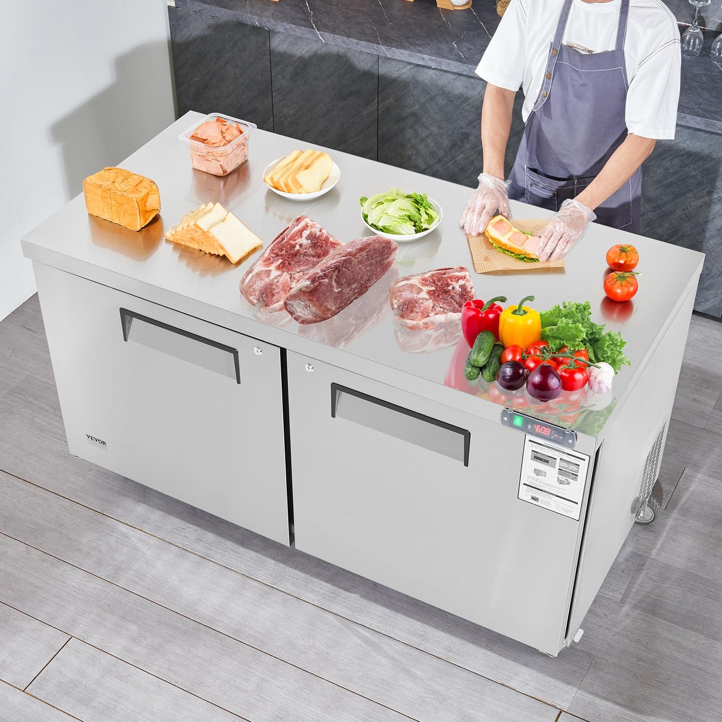 VEVOR 60" Commercial Refrigerator Sandwich & Salad Prep Table, 16.4 Cu. Ft Stainless Steel Refrigerated Food Prep Station with 2 Doors, Frost Free Refrigerator with Lock for Restaurant, Bar, Store