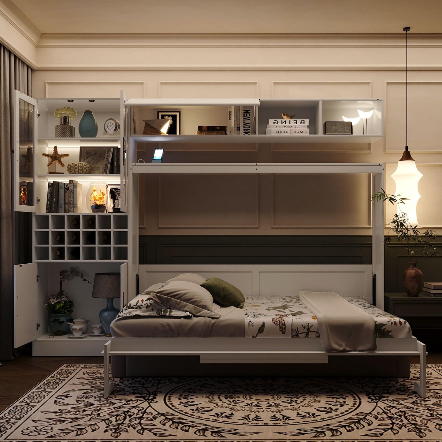 Merax Full Size Murphy Bed Wall Bed with Sofa and Storage, Hydraulic Mechanism Folding Bed with Shelves & USB Ports, Space Saving Furniture for Small Apartment, White