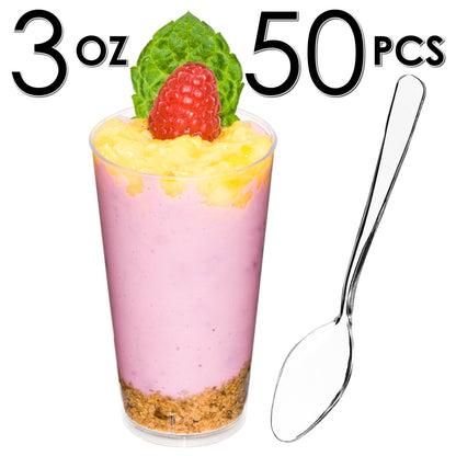 DLux 50 x 3 oz Mini Dessert Cups with Spoons, Shooter - Clear Plastic Parfait Appetizer Cup - Small Reusable Shot Glass for Tasting Party Shooters Desserts Appetizers - With Recipe Ebook