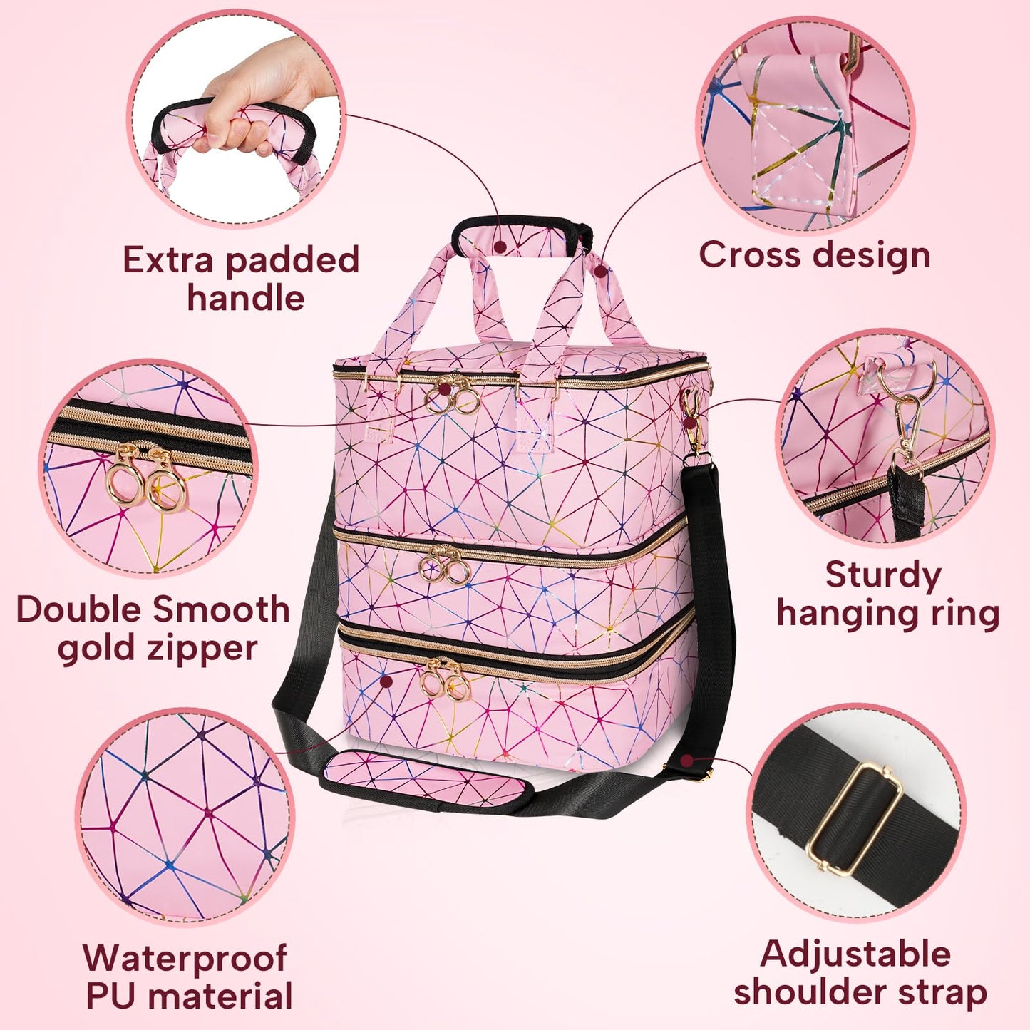 MZTXY Nail Polish Organizer Bag Holds 84 Bottles & Nail Lamp, 3 Layers Nail Kit Storage Carrying Case Pu Leather, Large Nail Supplies Organizer With Shoulder Strap, Portable Travel Nail Bag,Pink