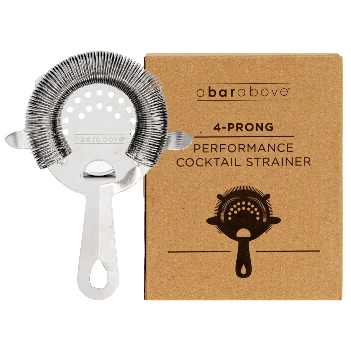 A Bar Above Cocktail Strainer, 4-Prong Bar Strainer with High Density Spring for Smooth Pouring, Fits Boston Shaker Tins and Mixing Glasses, Bar Essentials for Home Bartenders and Pros, Silver Finish