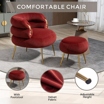 Upholstered Velvet Barrel Accent Chair with Ottoman,Accent Comfy Lounge Arm Chair and Footrest Stool Set,Single Sofa Armchair with Lounge Seat for Bedroom,Office (Wine Red)