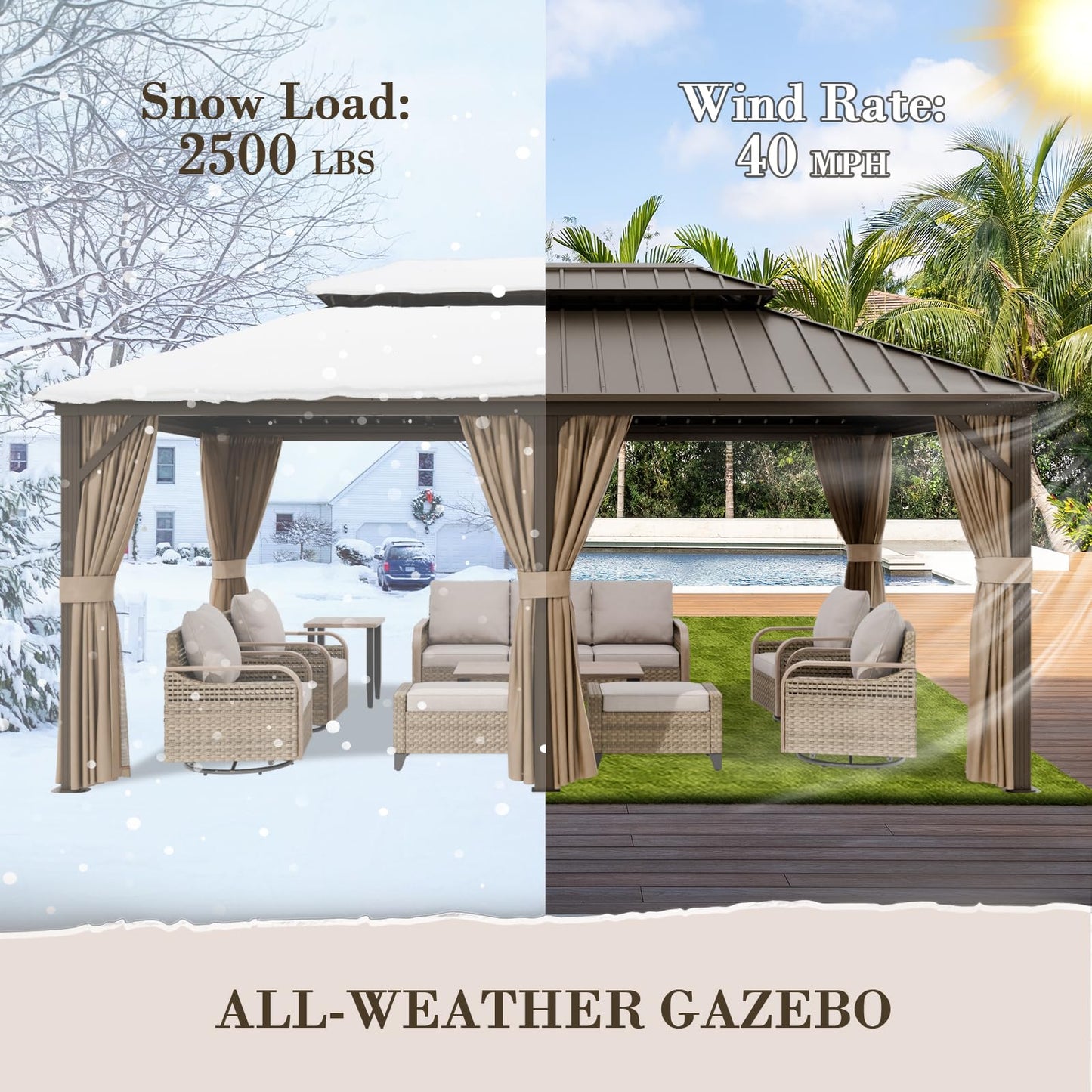 EAGLE PEAK 12x18 Hardtop Gazebo, Galvanized Steel Double Roof with Aluminum Frame, Outdoor Pavilion with Netting and Curtains for Patio, Deck, Lawn and Garden, Dark Brown/Tan