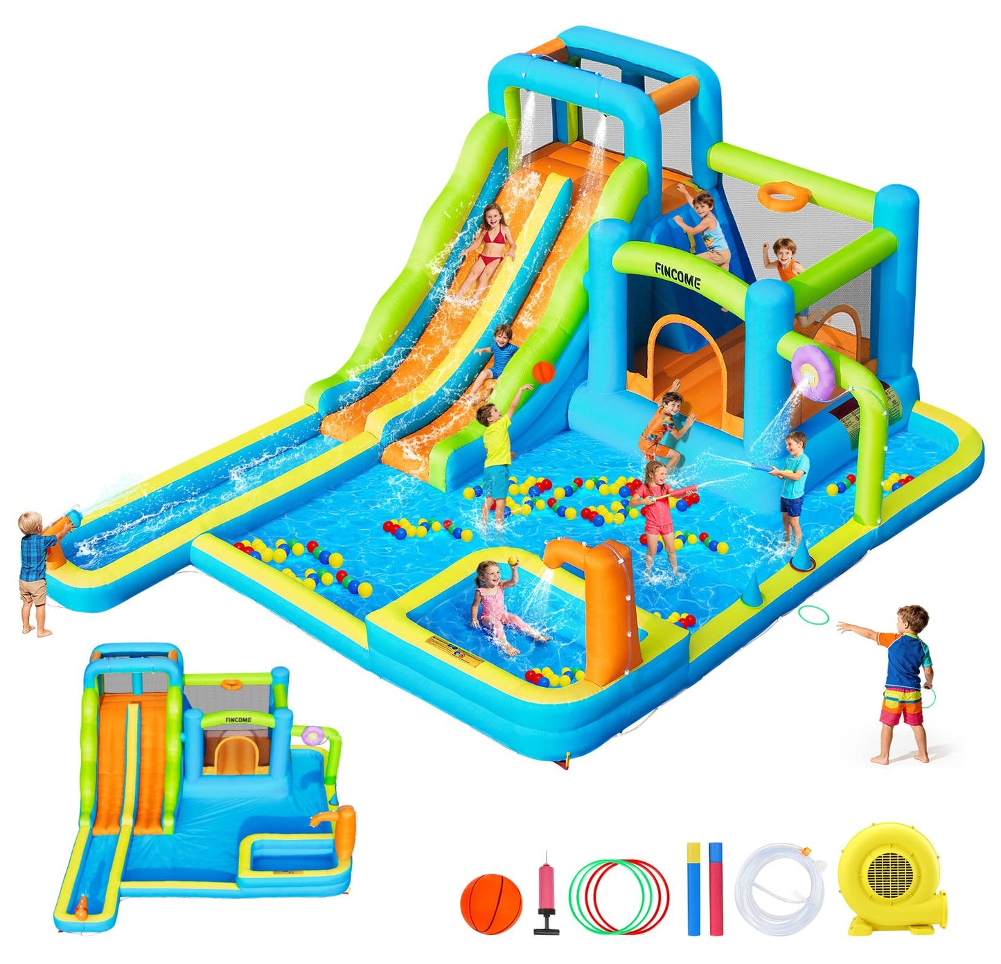 FINCOME Water Bounce House with Double Slide for Kids 3-10, Large Inflatable Water Bouncy Castle with Long Water Slide Jumping Climbing Pool Air Blower, Bouncy House for Party Birthday Holiday Summer