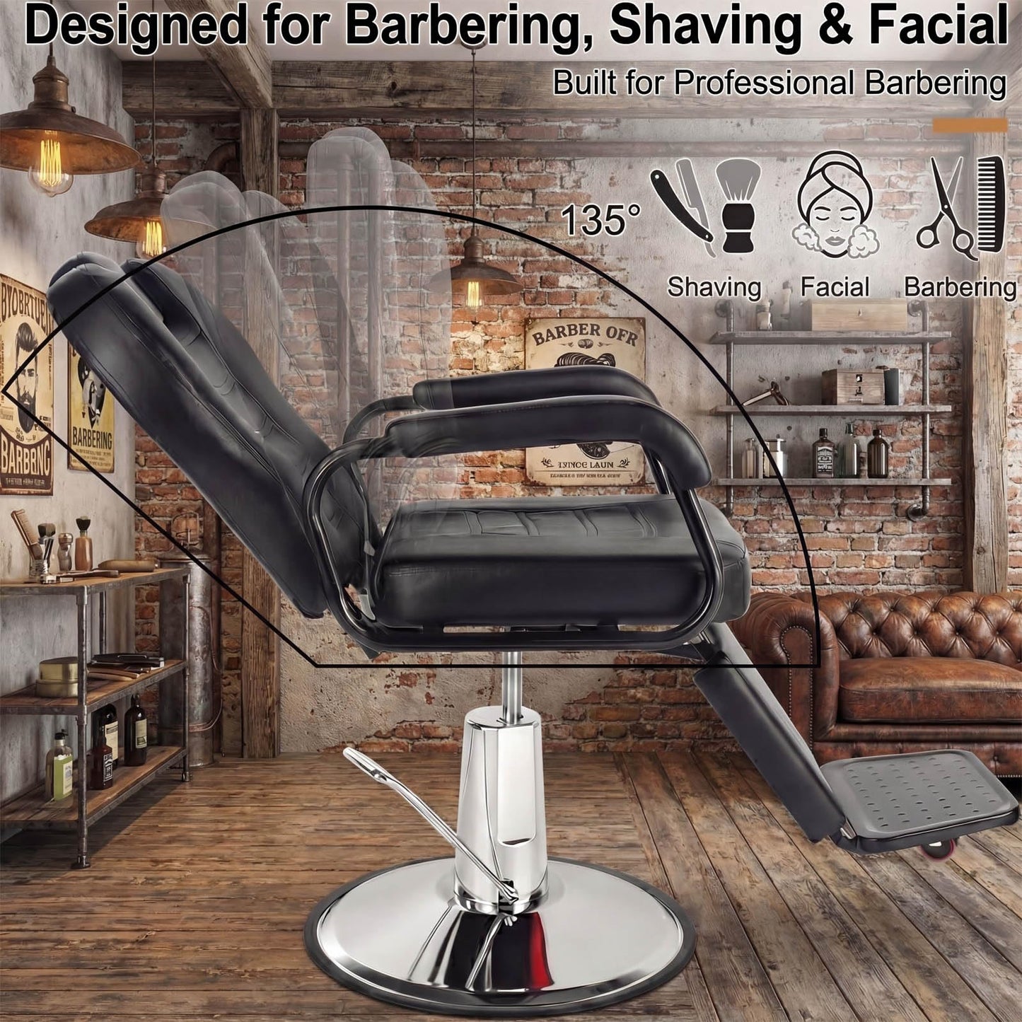Artist hand Barber Chair, Reclining Salon Chairs for Hair Stylist, Heavy Duty Hydraulic Chair with Headrest and Footrest, 360 Degree Swivel with Lock, Spa Beauty Equipment, Black