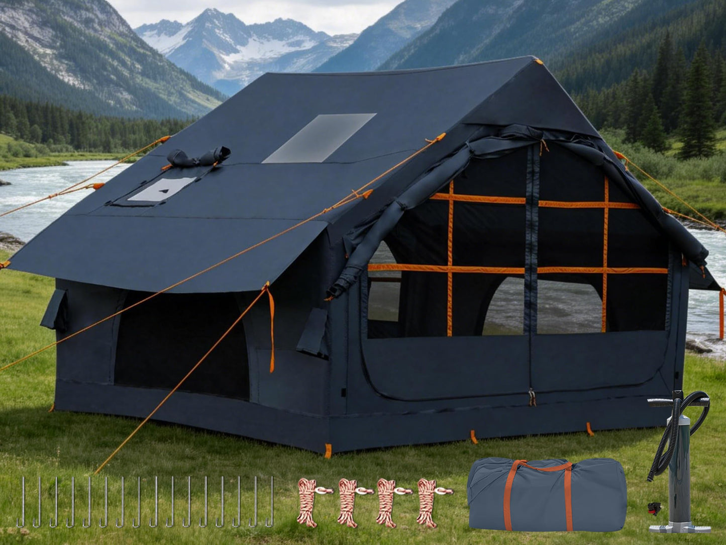 4-6 Person Inflatable Tent for Camping with Stove Jack, Hand Air Pump Easy Setup Blow Up Tents for 4 Seasons Waterproof Inflatable Air House Tent for Outdoor Adult